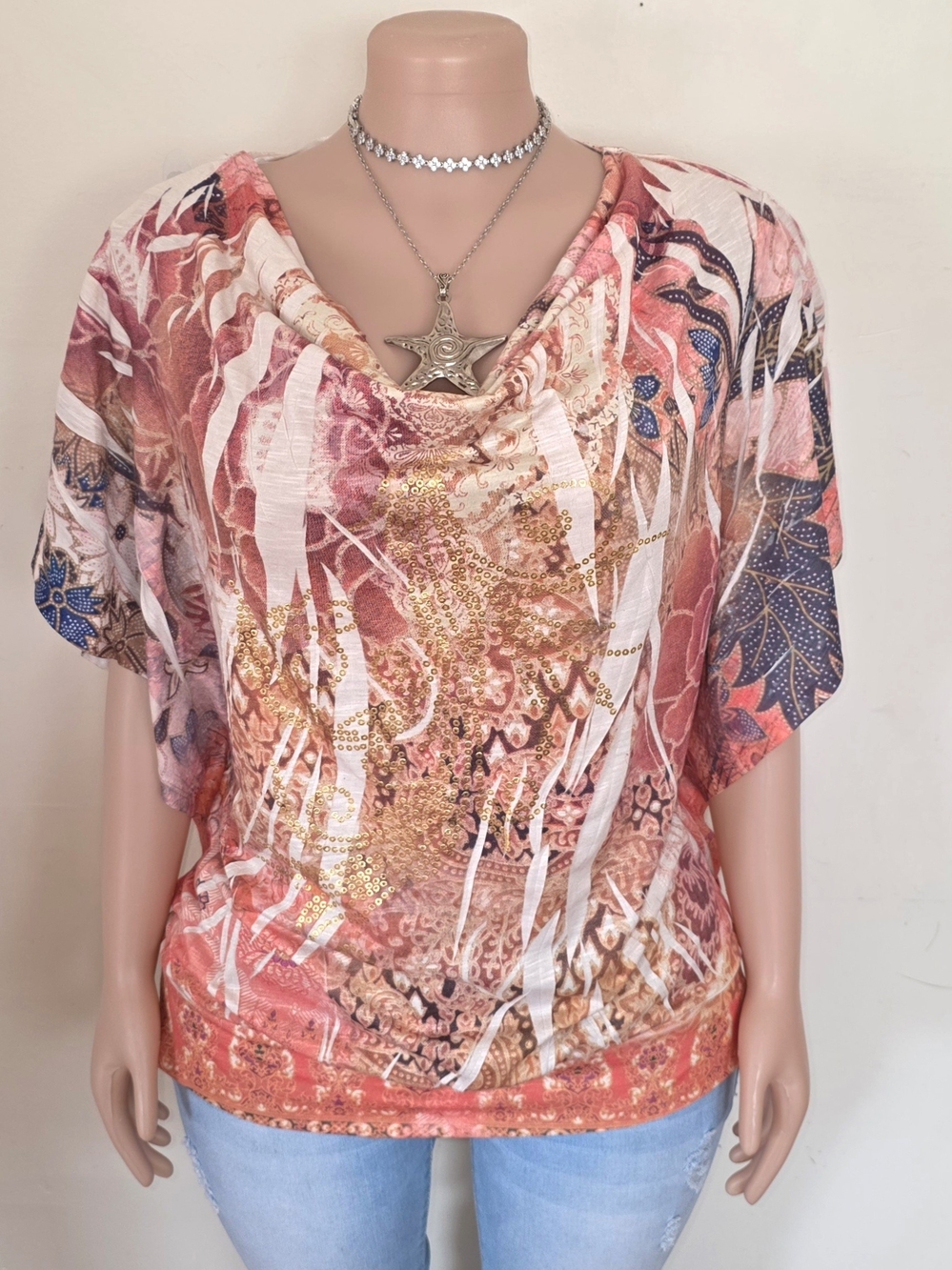 Style & Co. Coral Multicolor Short Sleeve Drape Neck Top